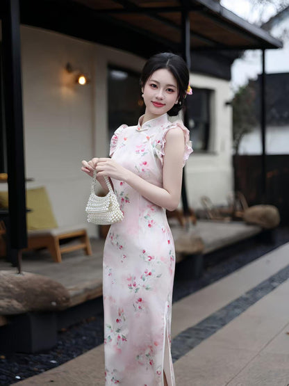 Women's Pink Floral Qipao Cheongsam Dress – additional product view