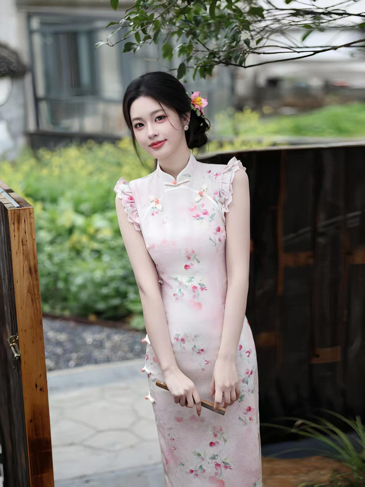 Women's Pink Floral Qipao Cheongsam Dress – additional product view