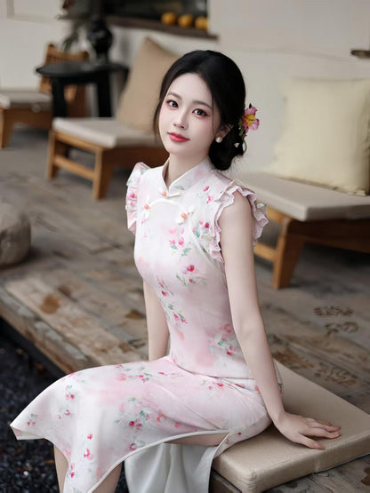 Women's Pink Floral Qipao Cheongsam Dress