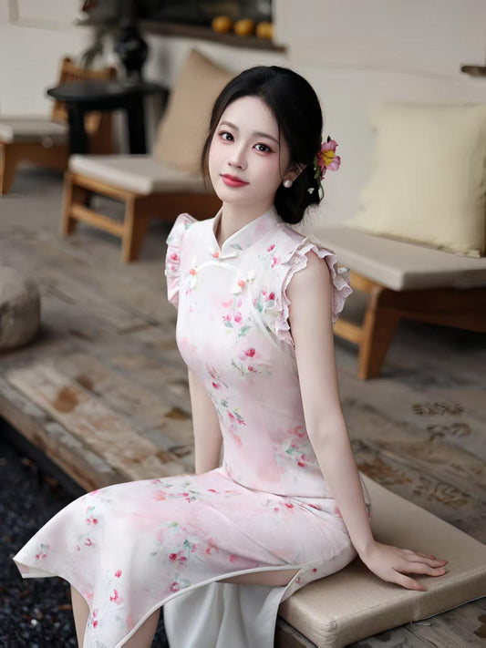 Women's Pink Floral Qipao Cheongsam Dress