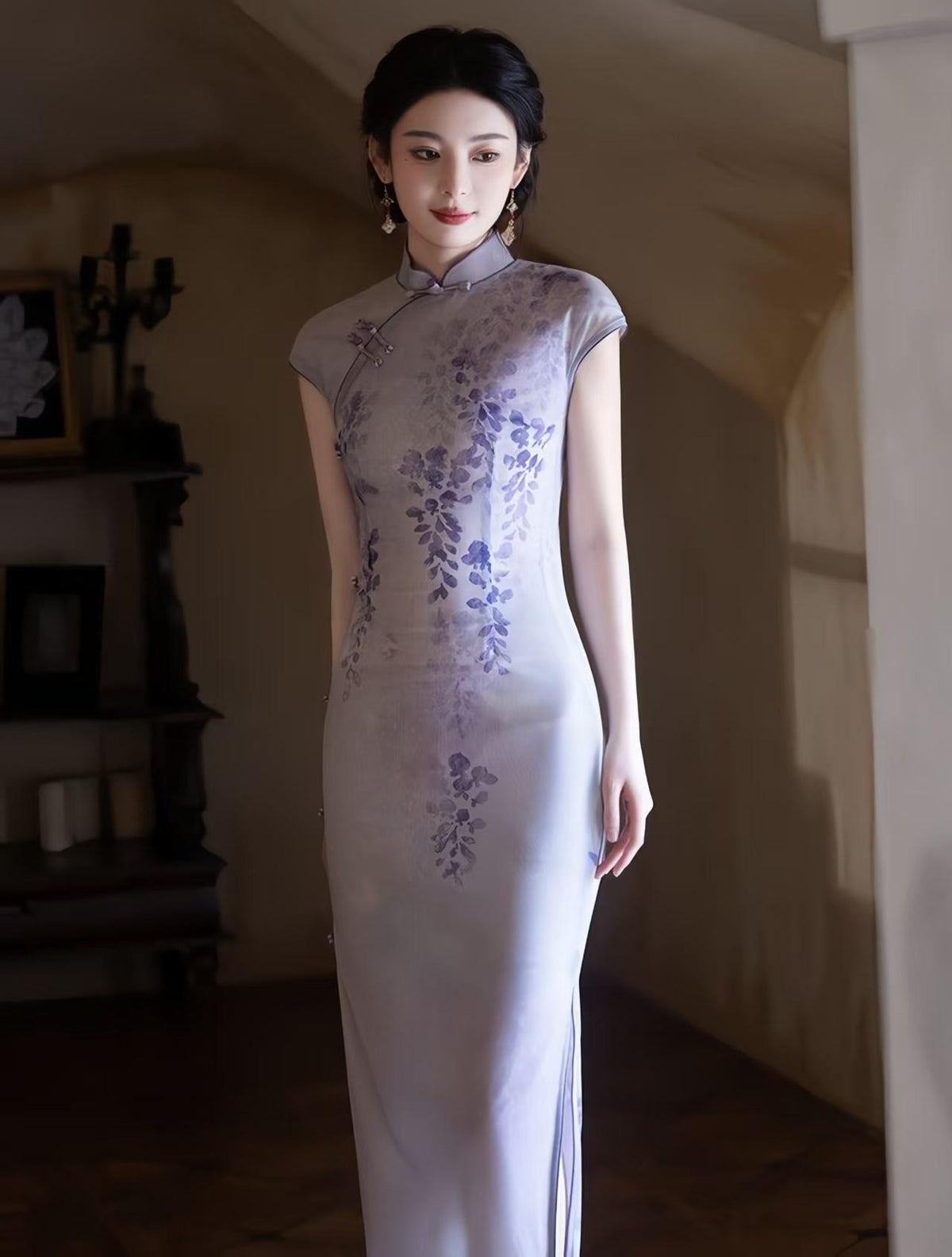 Women's Purple Vintage Qipao Cheongsam Dress – Maxi Fitted – additional product view