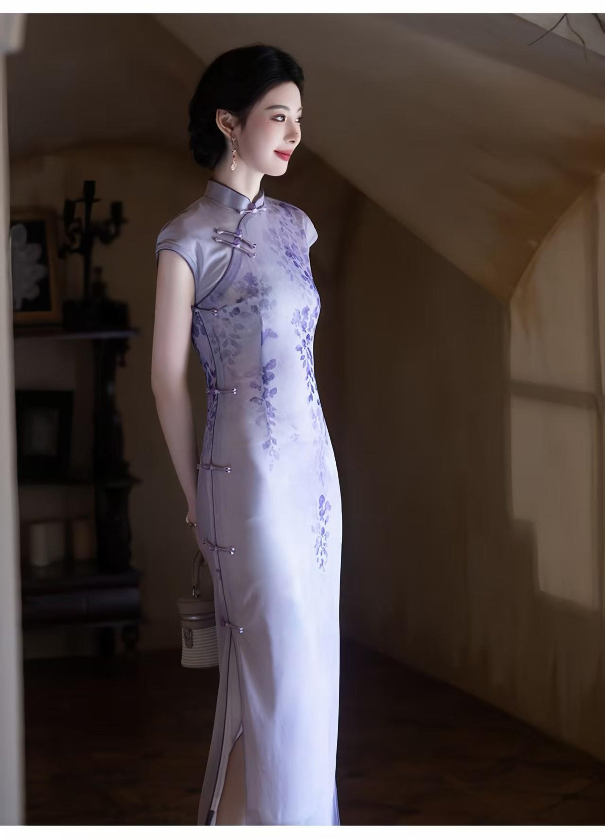 Women's Purple Vintage Qipao Cheongsam Dress – Maxi Fitted – additional product view