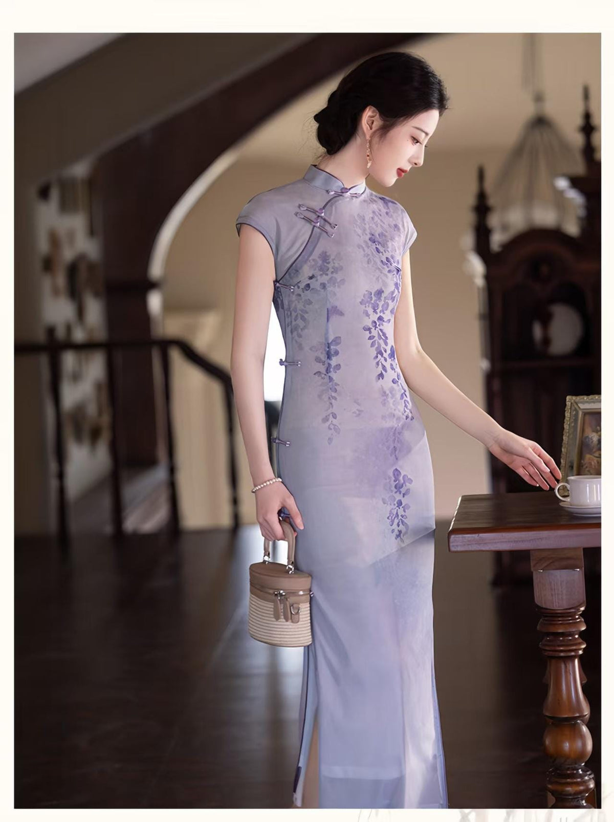 Women's Purple Vintage Qipao Cheongsam Dress – Maxi Fitted – additional product view