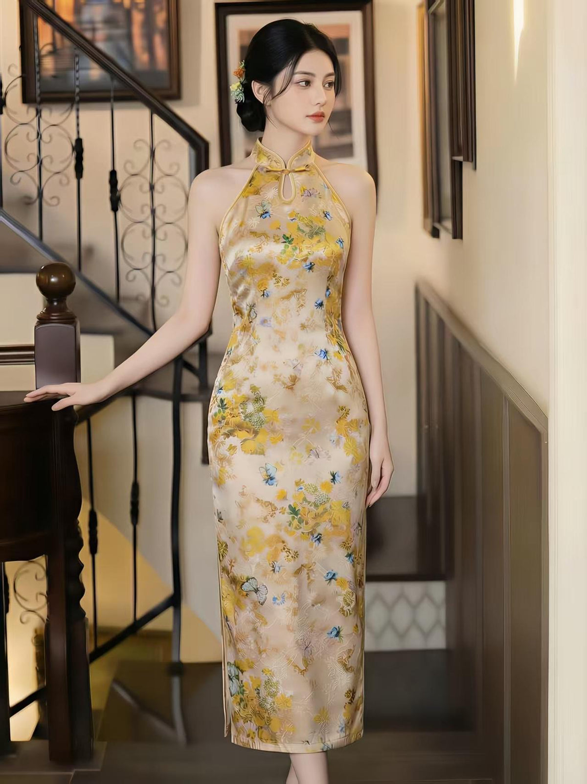 Women's Floral Qipao Cheongsam Dress – Midi Fitted – additional product view