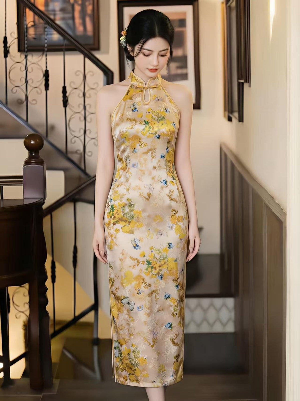 Women's Floral Qipao Cheongsam Dress – Midi Fitted – additional product view
