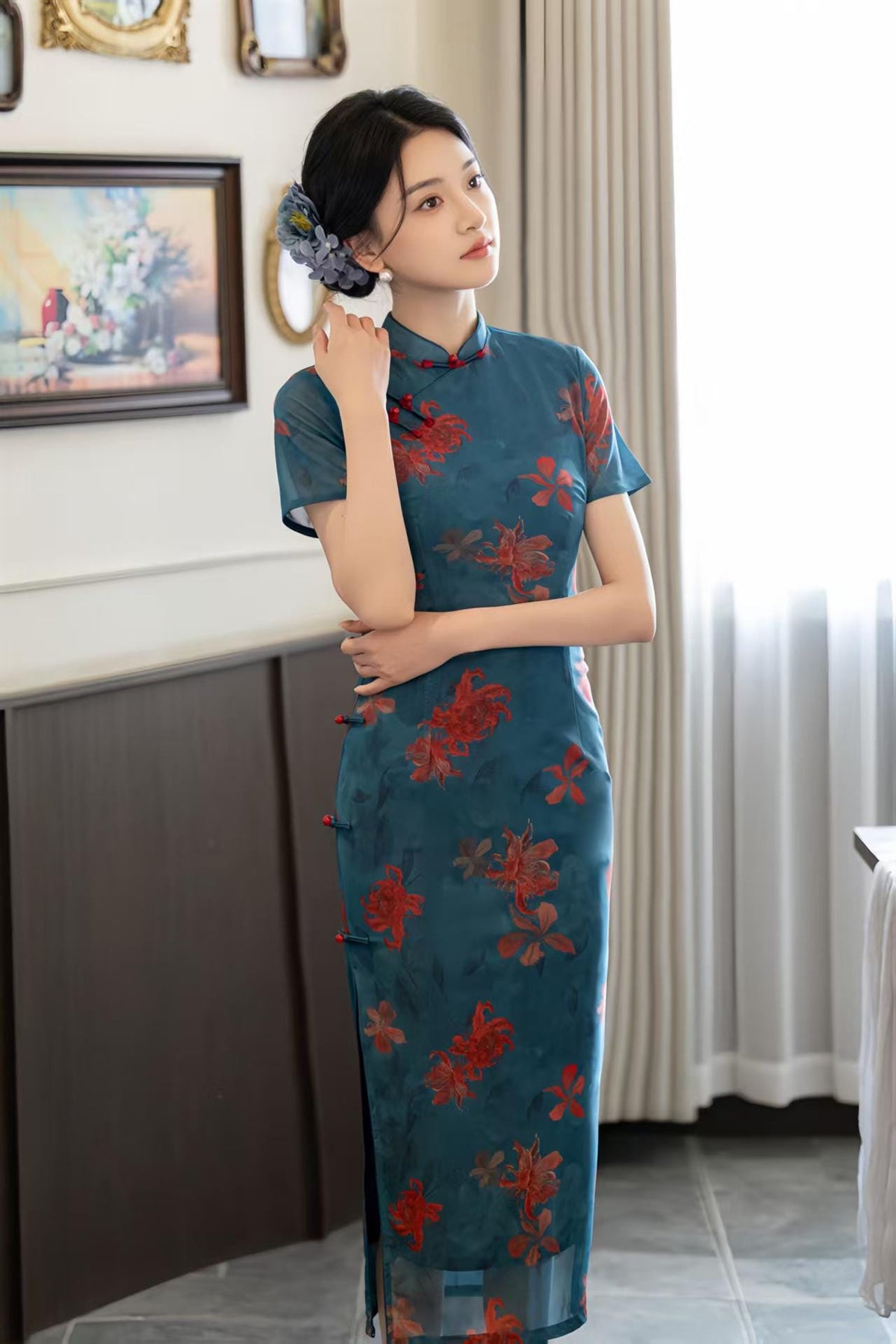 Women's Green Floral Qipao Cheongsam Dress – additional product view