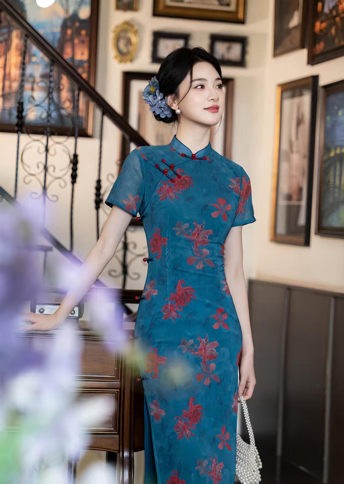 Women's Green Floral Qipao Cheongsam Dress – additional product view
