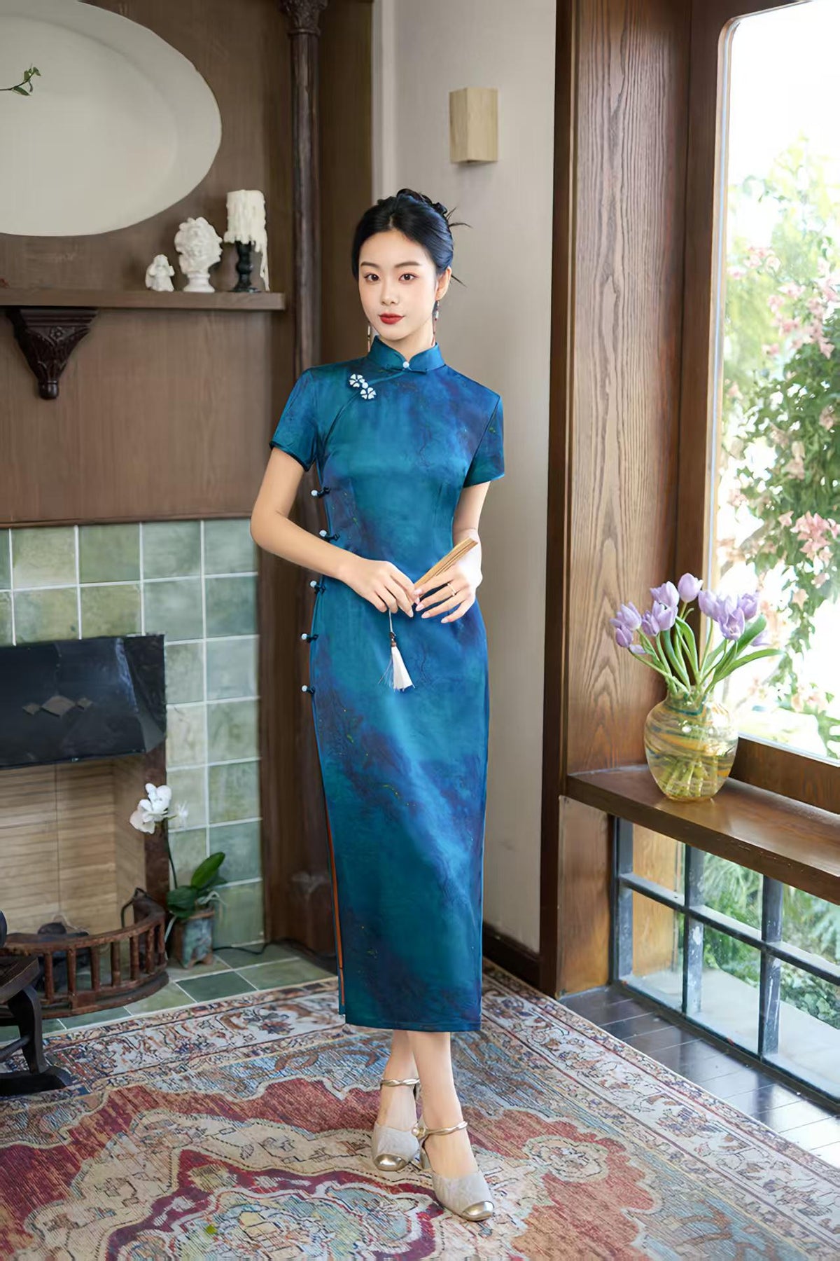 Women's Blue Vintage Qipao Cheongsam Dress – additional product view