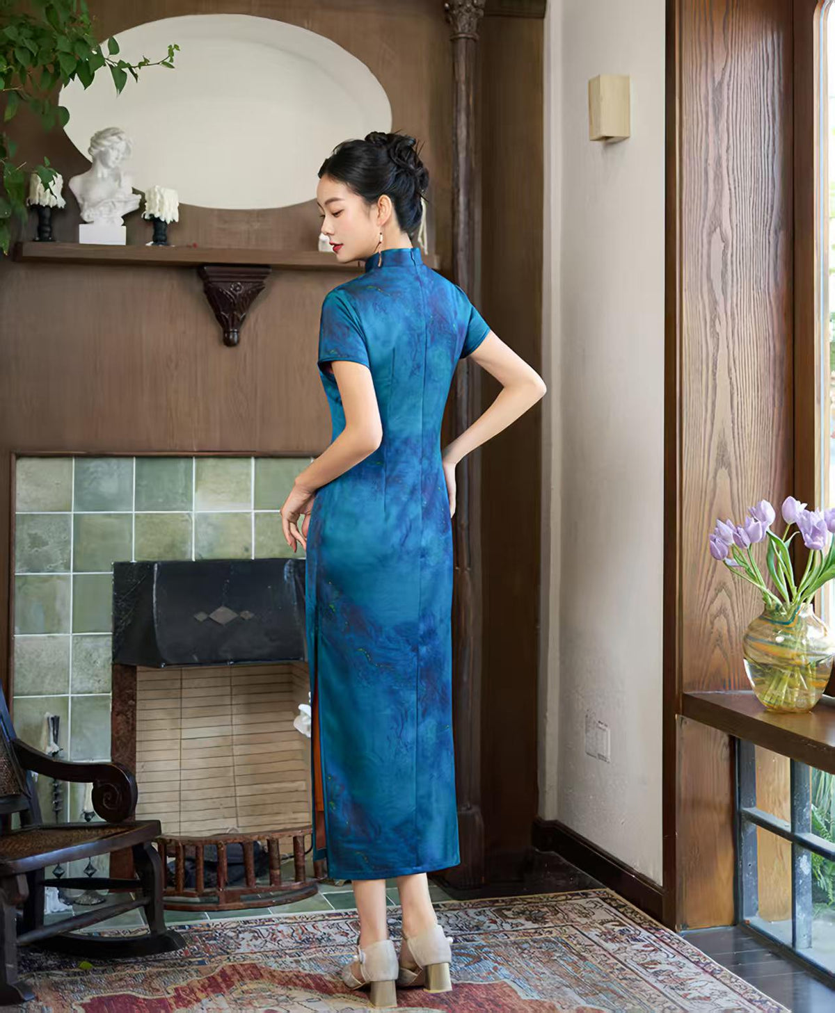 Women's Blue Vintage Qipao Cheongsam Dress – additional product view