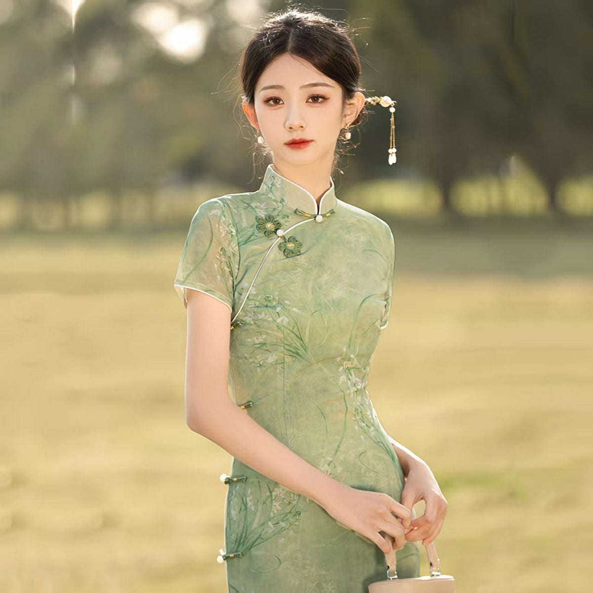 Women's Green Vintage Qipao Cheongsam Dress – Midi Fitted – additional product view