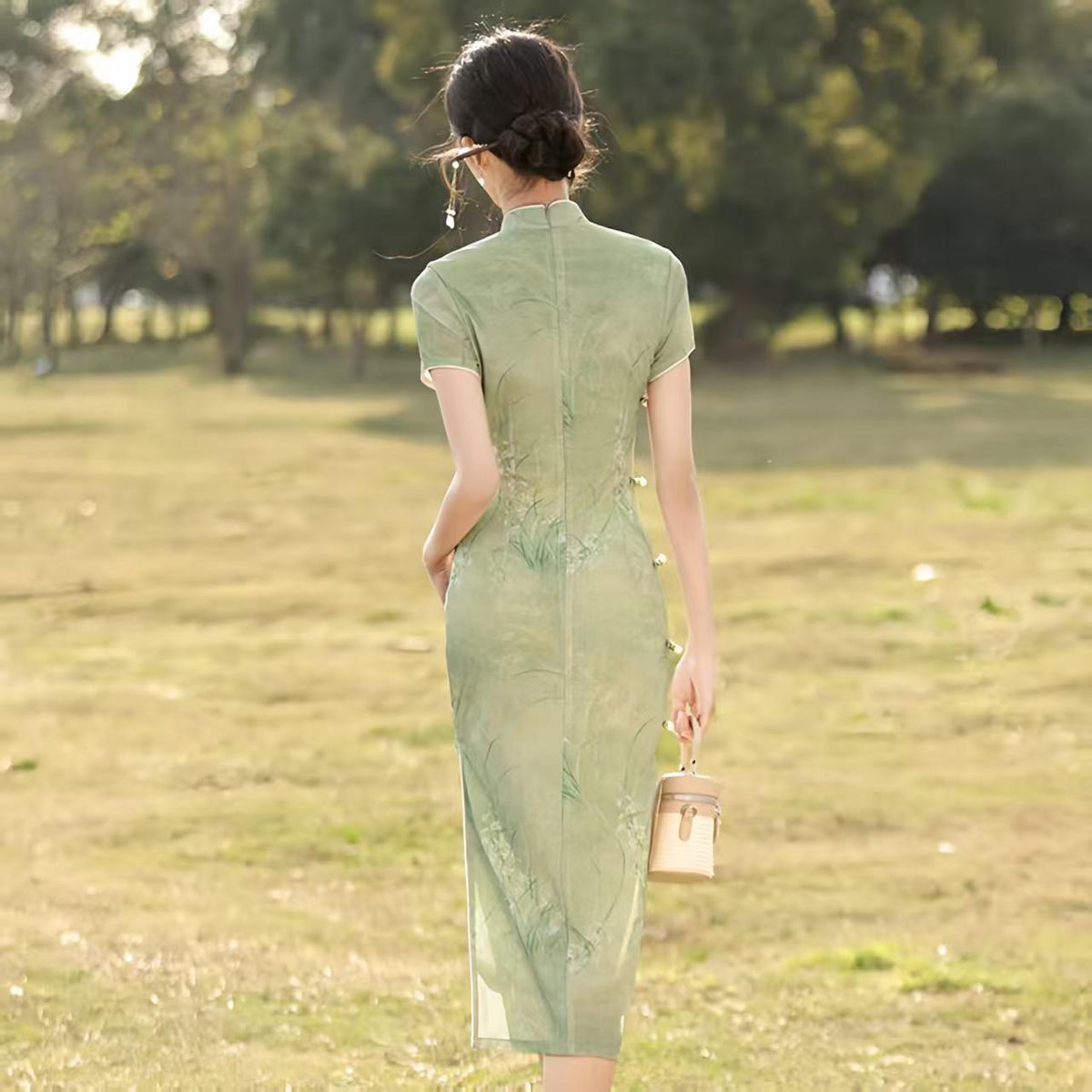 Women's Green Vintage Qipao Cheongsam Dress – Midi Fitted – additional product view
