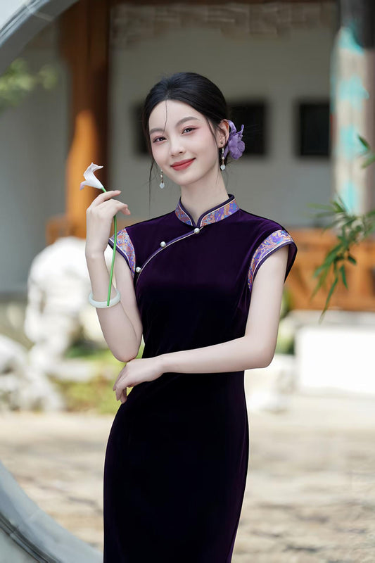 Women's Purple Vintage Velvet Qipao Cheongsam Dress