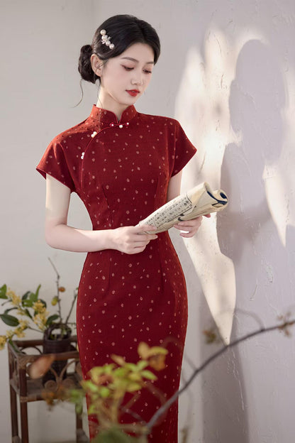 Women's Jacquard Qipao Cheongsam Dress – Burgundy – additional product view