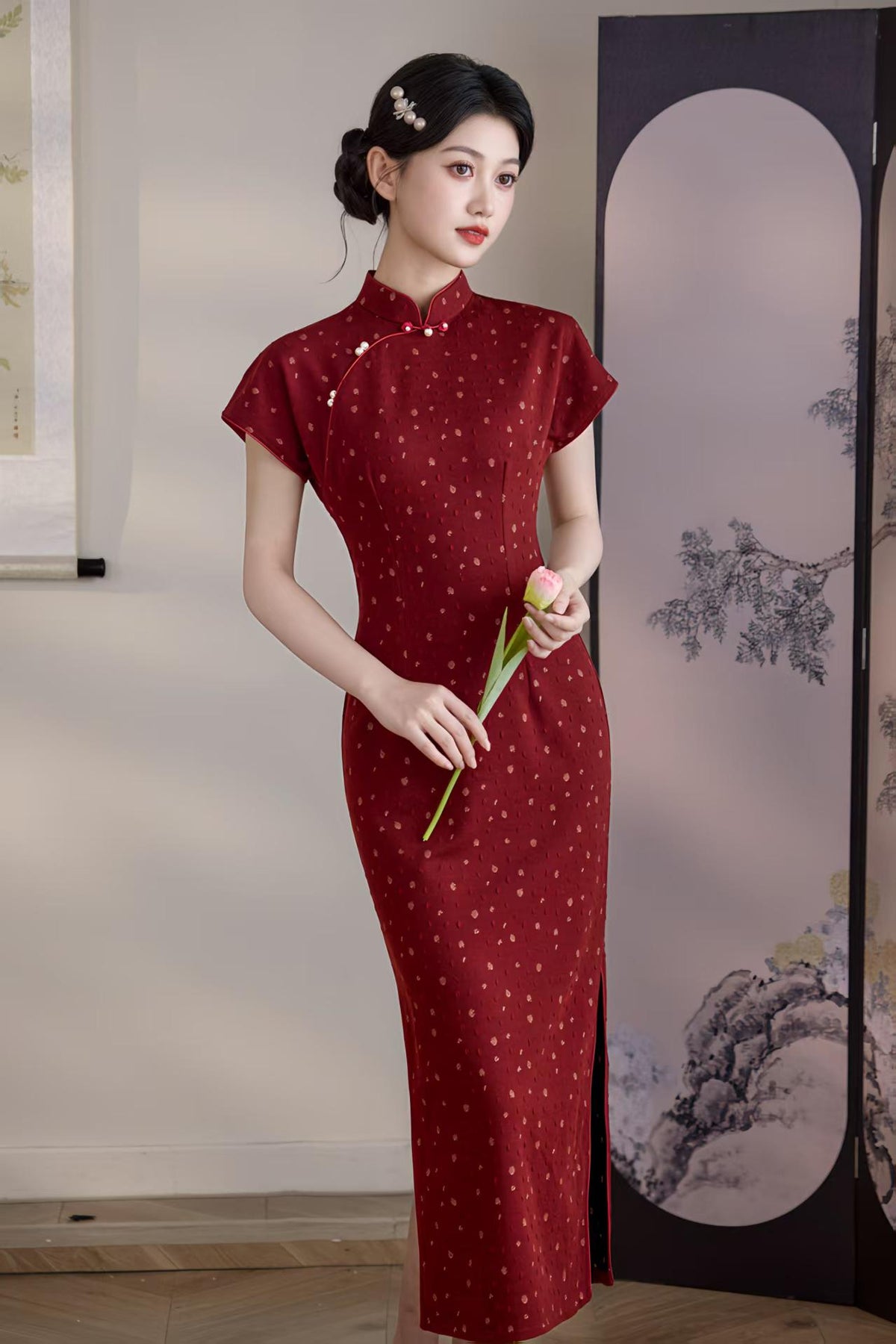 Women's Jacquard Qipao Cheongsam Dress – Burgundy – additional product view