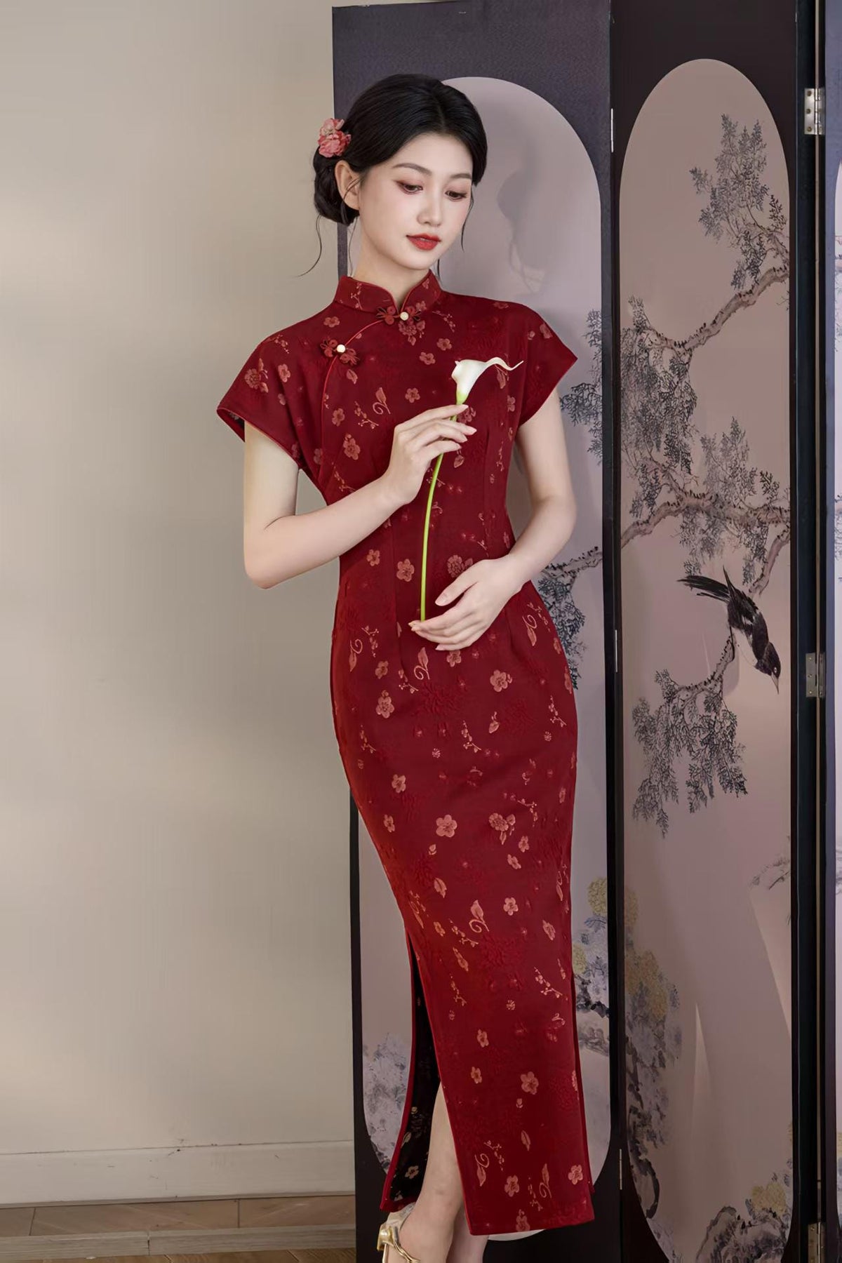 Women's Jacquard Qipao Cheongsam Dress – Burgundy – additional product view