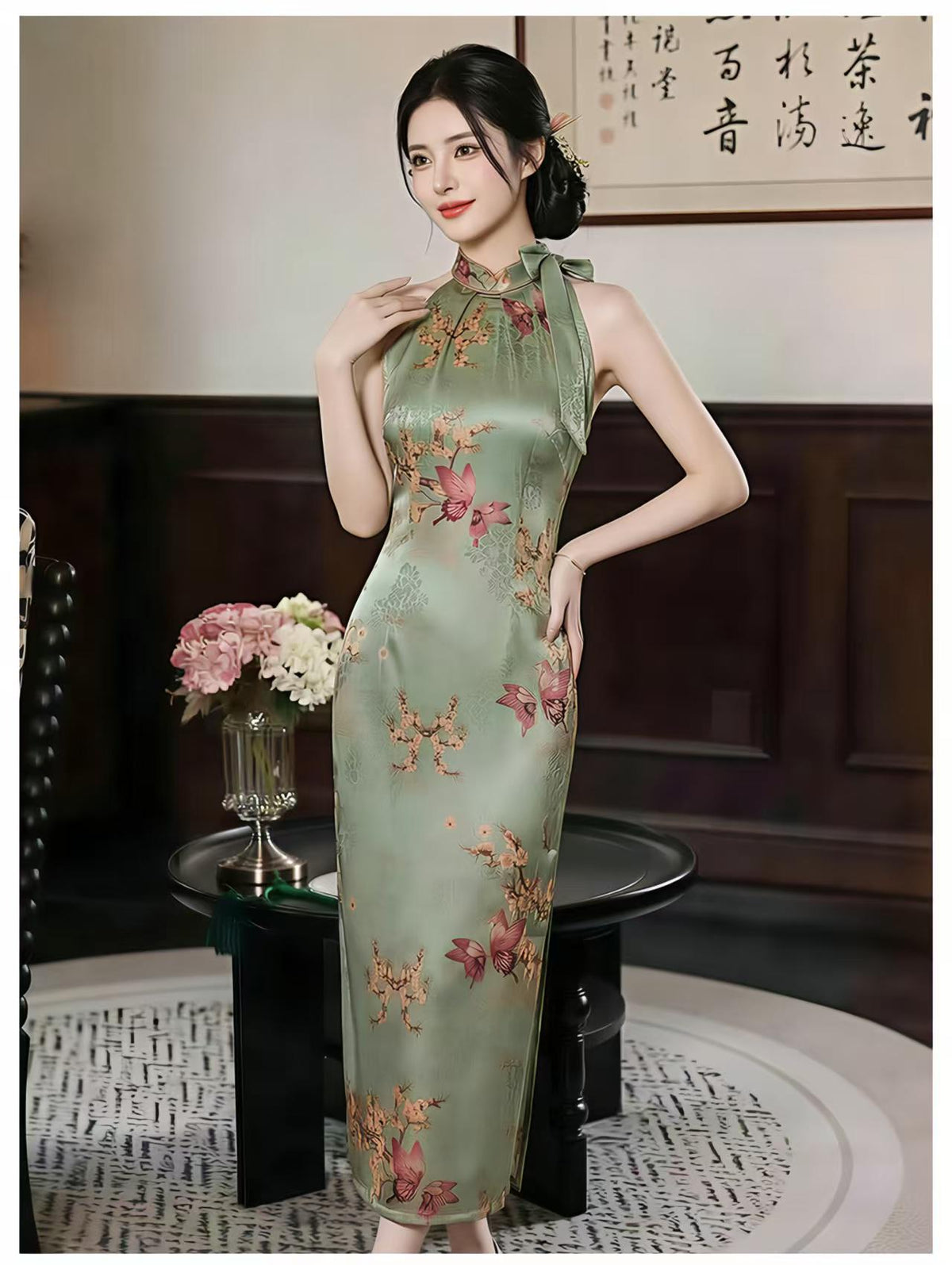 Women's Green Vintage Qipao Cheongsam Dress – Butterfly Fitted – additional product view