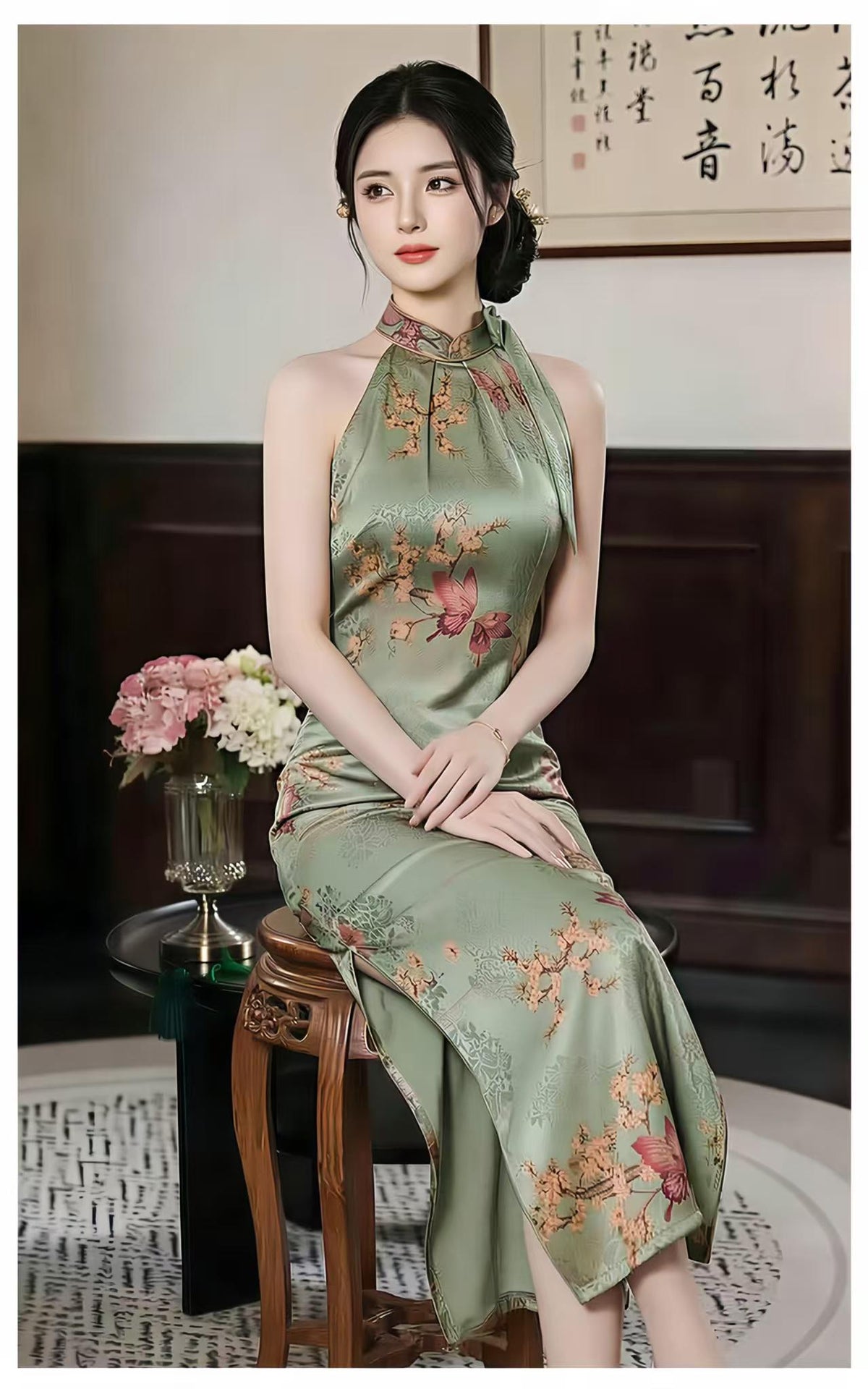 Women's Green Vintage Qipao Cheongsam Dress – Butterfly Fitted – additional product view