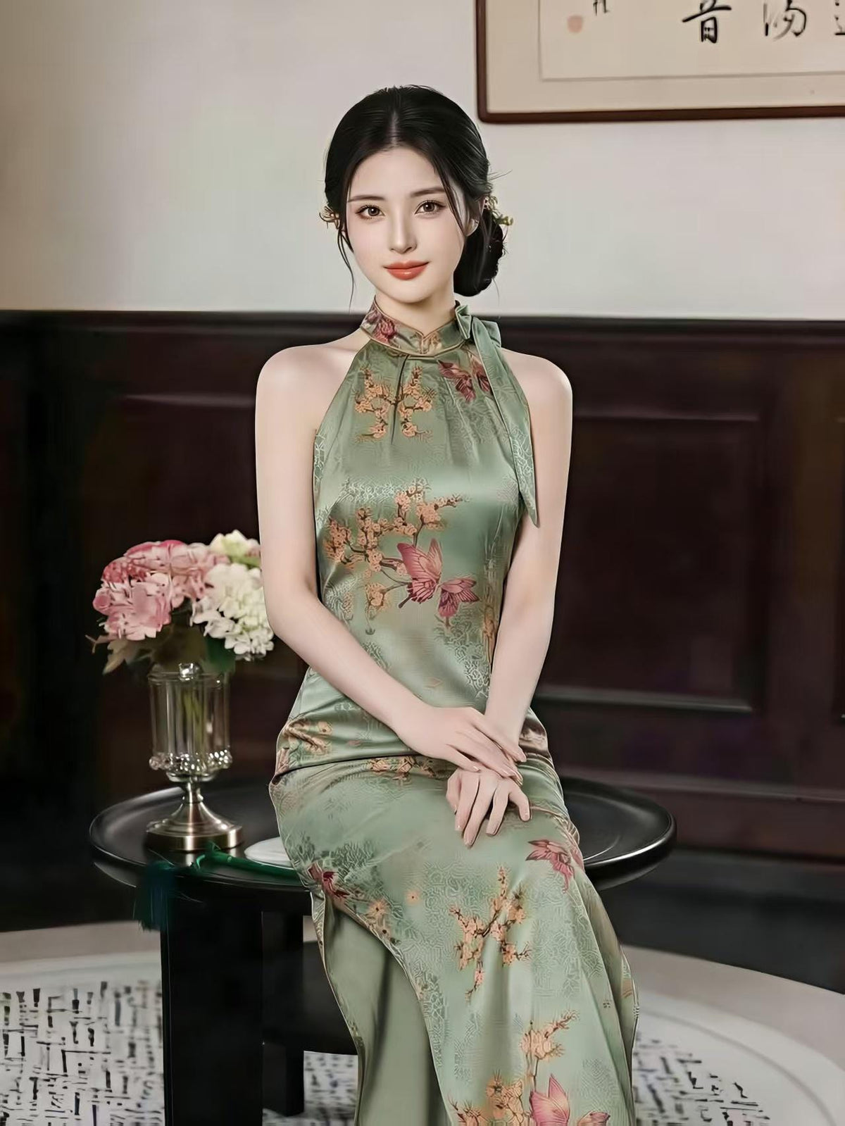 Women's Green Vintage Qipao Cheongsam Dress – Butterfly Fitted – additional product view