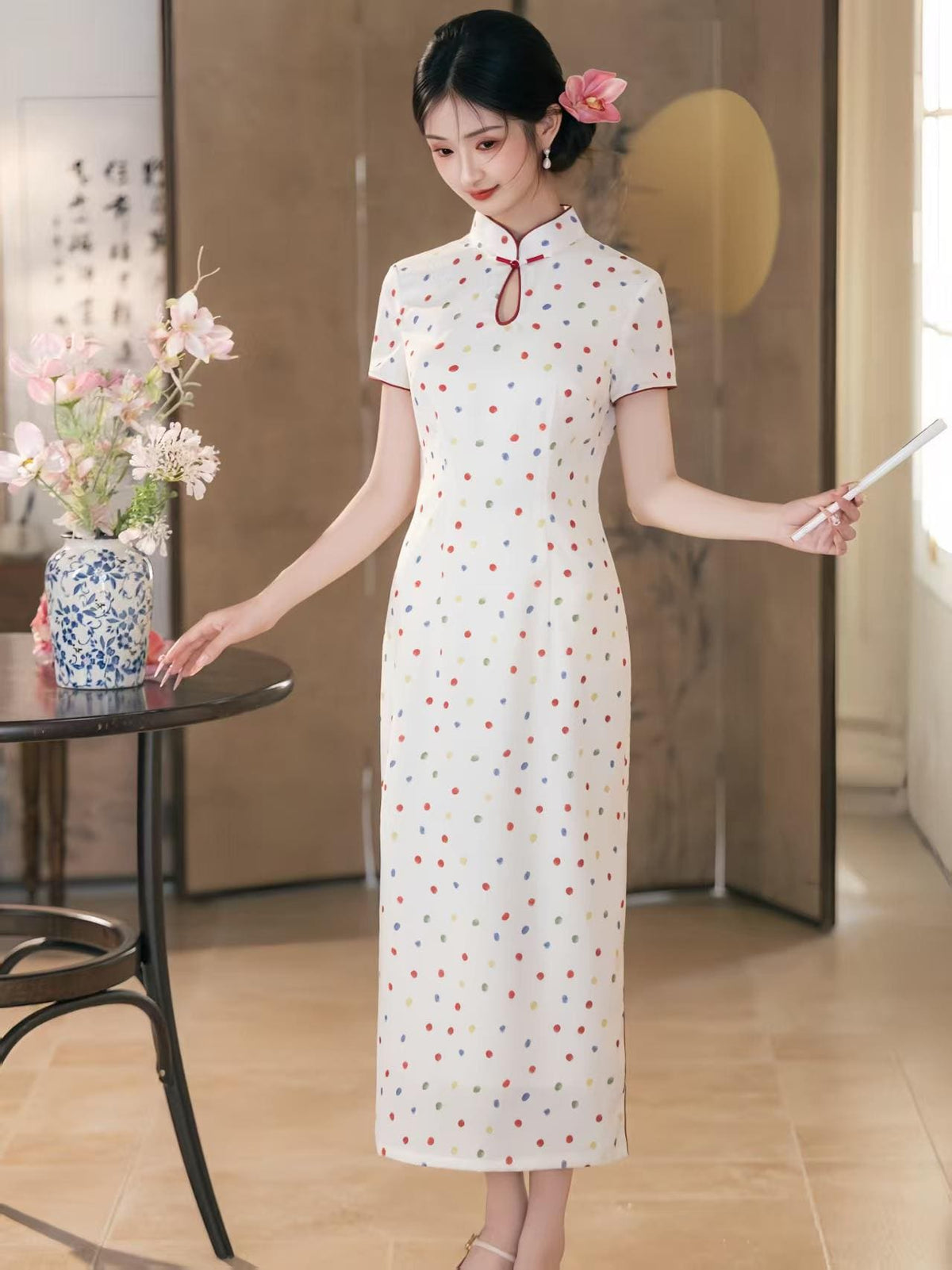 Women's White Vintage Qipao Cheongsam Dress – Polka Dot Side Slit Midi – additional product view