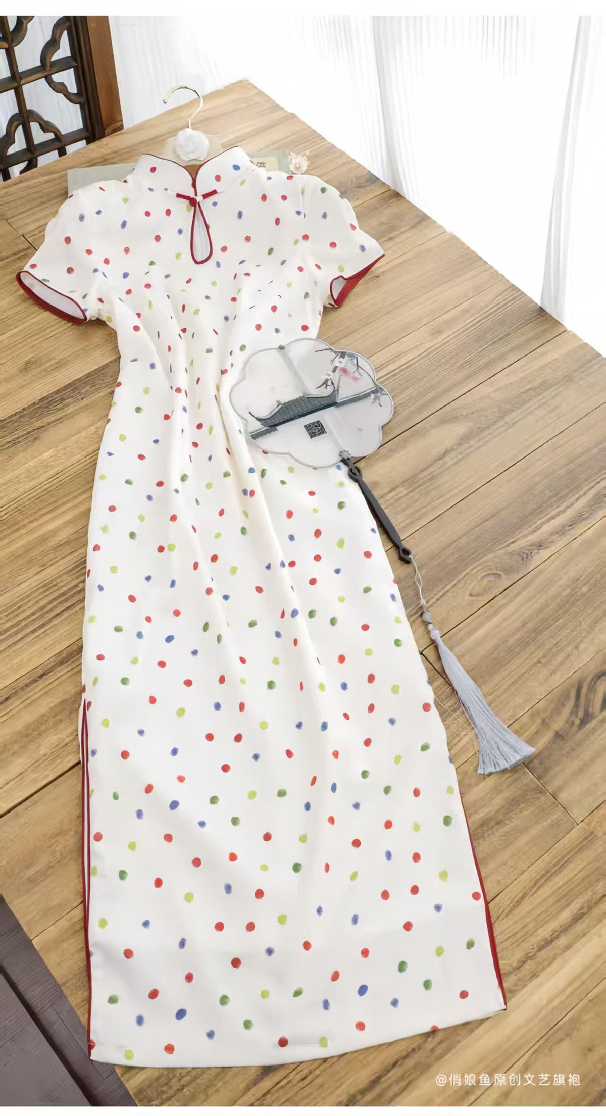 Women's White Vintage Qipao Cheongsam Dress – Polka Dot Side Slit Midi – additional product view