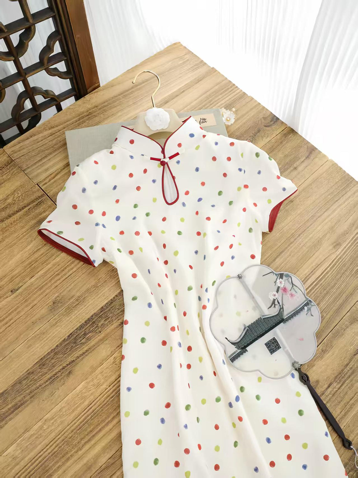 Women's White Vintage Qipao Cheongsam Dress – Polka Dot Side Slit Midi – additional product view