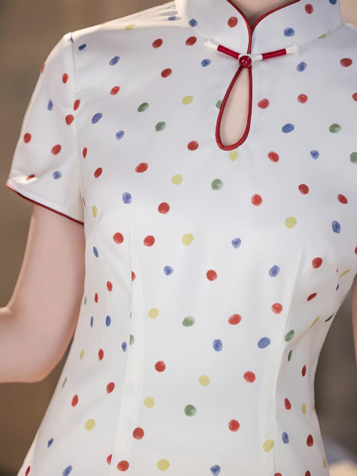 Women's White Vintage Qipao Cheongsam Dress – Polka Dot Side Slit Midi – additional product view