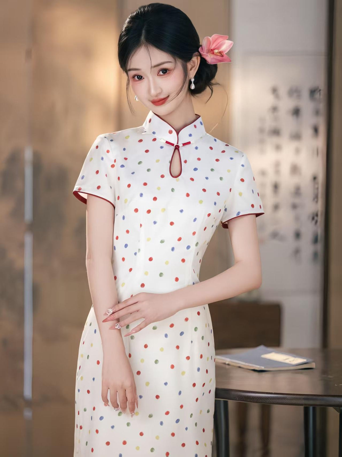 Women's White Vintage Qipao Cheongsam Dress – Polka Dot Side Slit Midi – additional product view