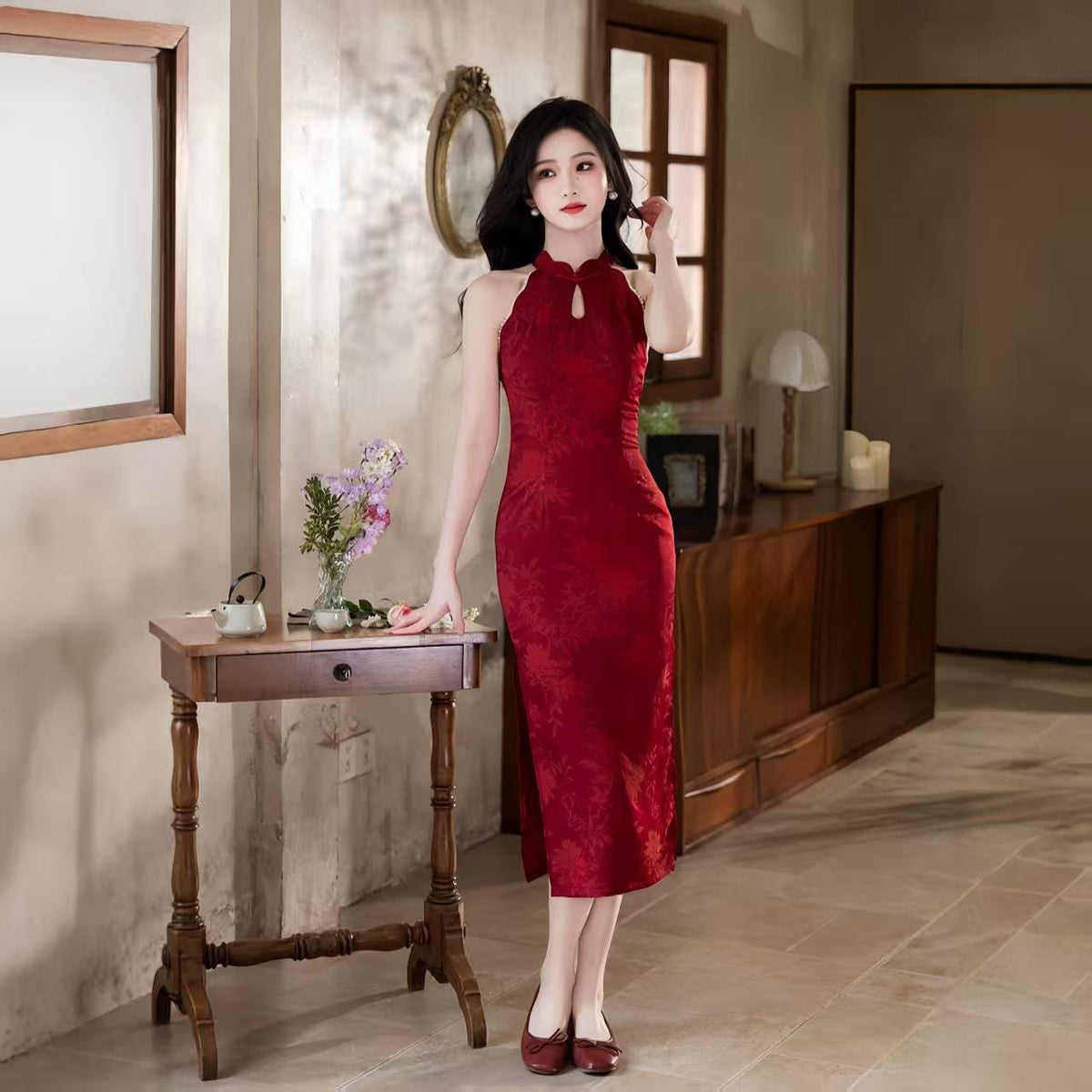 Women's Vintage Qipao Cheongsam Dress – Lilac Halter Neck Midi Fitted – additional product view