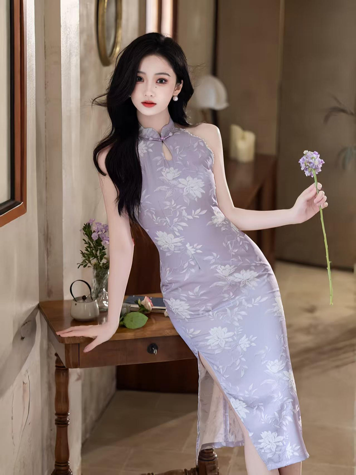 Women's Vintage Qipao Cheongsam Dress – Lilac Halter Neck Midi Fitted