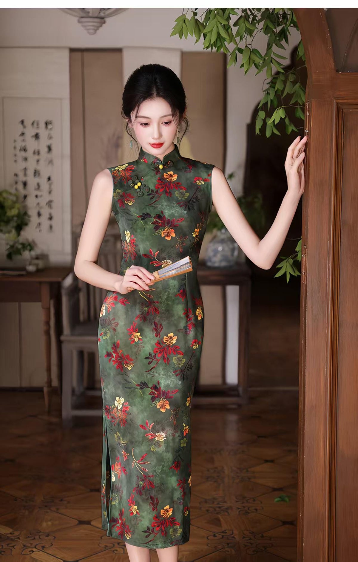 Women's Green Floral Qipao Cheongsam Dress – Sleeveless Fitted – additional product view