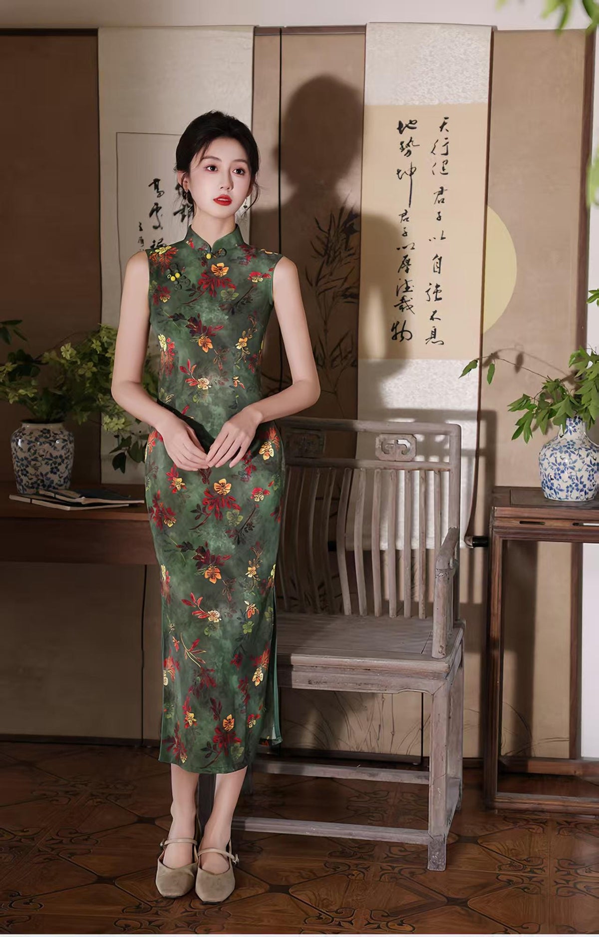 Women's Green Floral Qipao Cheongsam Dress – Sleeveless Fitted – additional product view