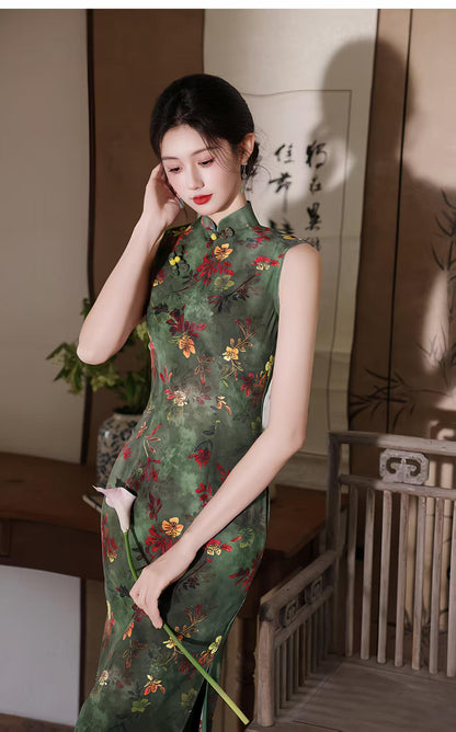 Women's Green Floral Qipao Cheongsam Dress – Sleeveless Fitted – additional product view
