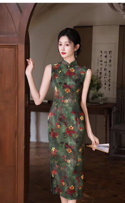 Women's Green Floral Qipao Cheongsam Dress – Sleeveless Fitted – additional product view