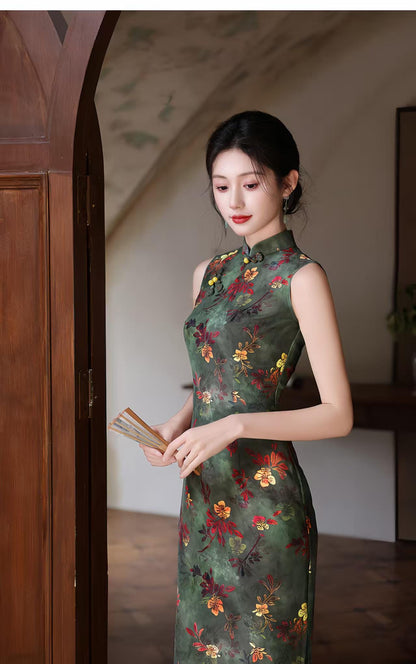 Women's Green Floral Qipao Cheongsam Dress – Sleeveless Fitted – additional product view