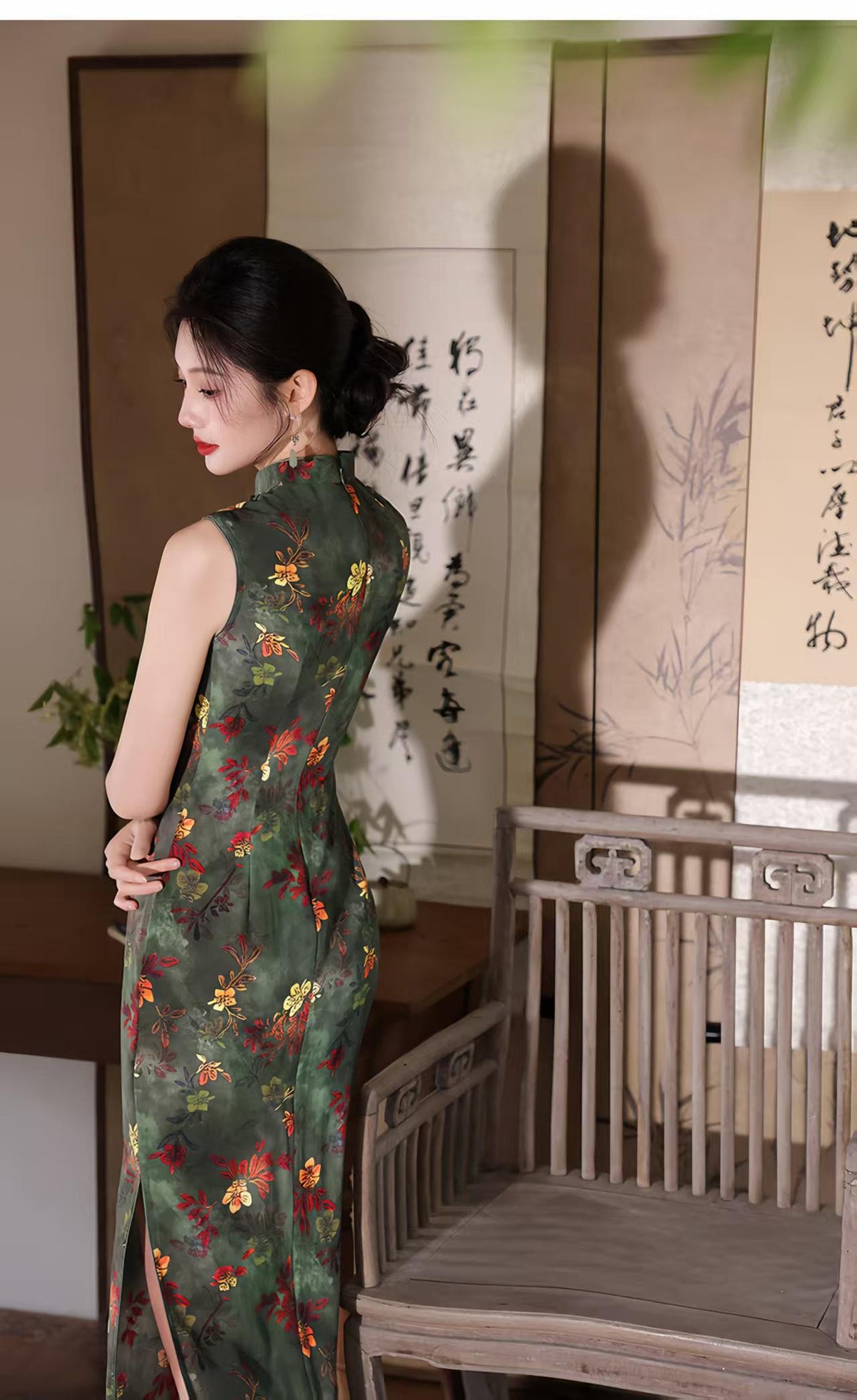 Women's Green Floral Qipao Cheongsam Dress – Sleeveless Fitted – additional product view
