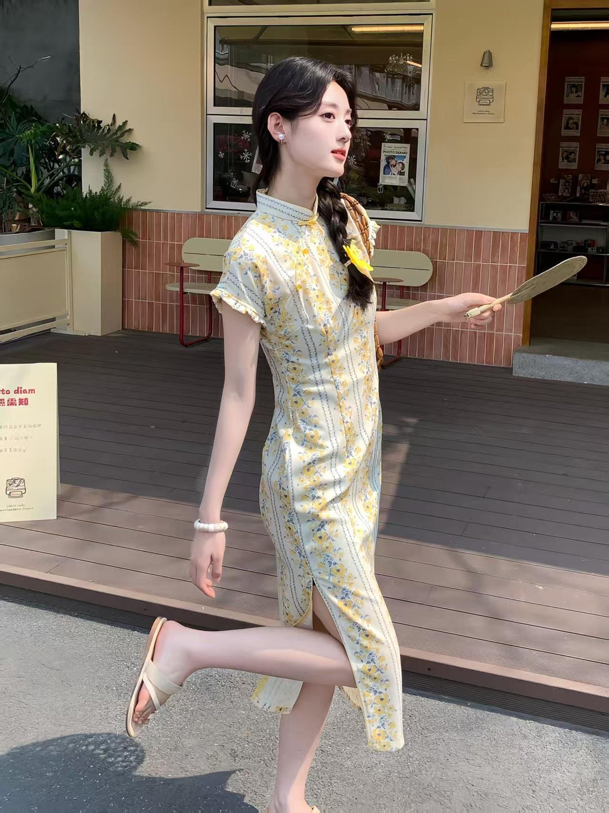 Women's Floral Qipao Cheongsam Dress – Beige Linen Bamboo – additional product view
