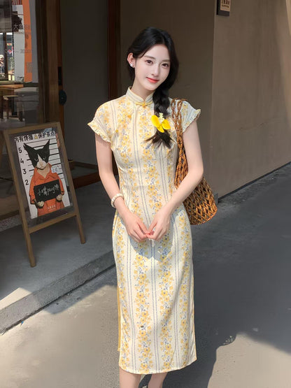 Women's Floral Qipao Cheongsam Dress – Beige Linen Bamboo – additional product view