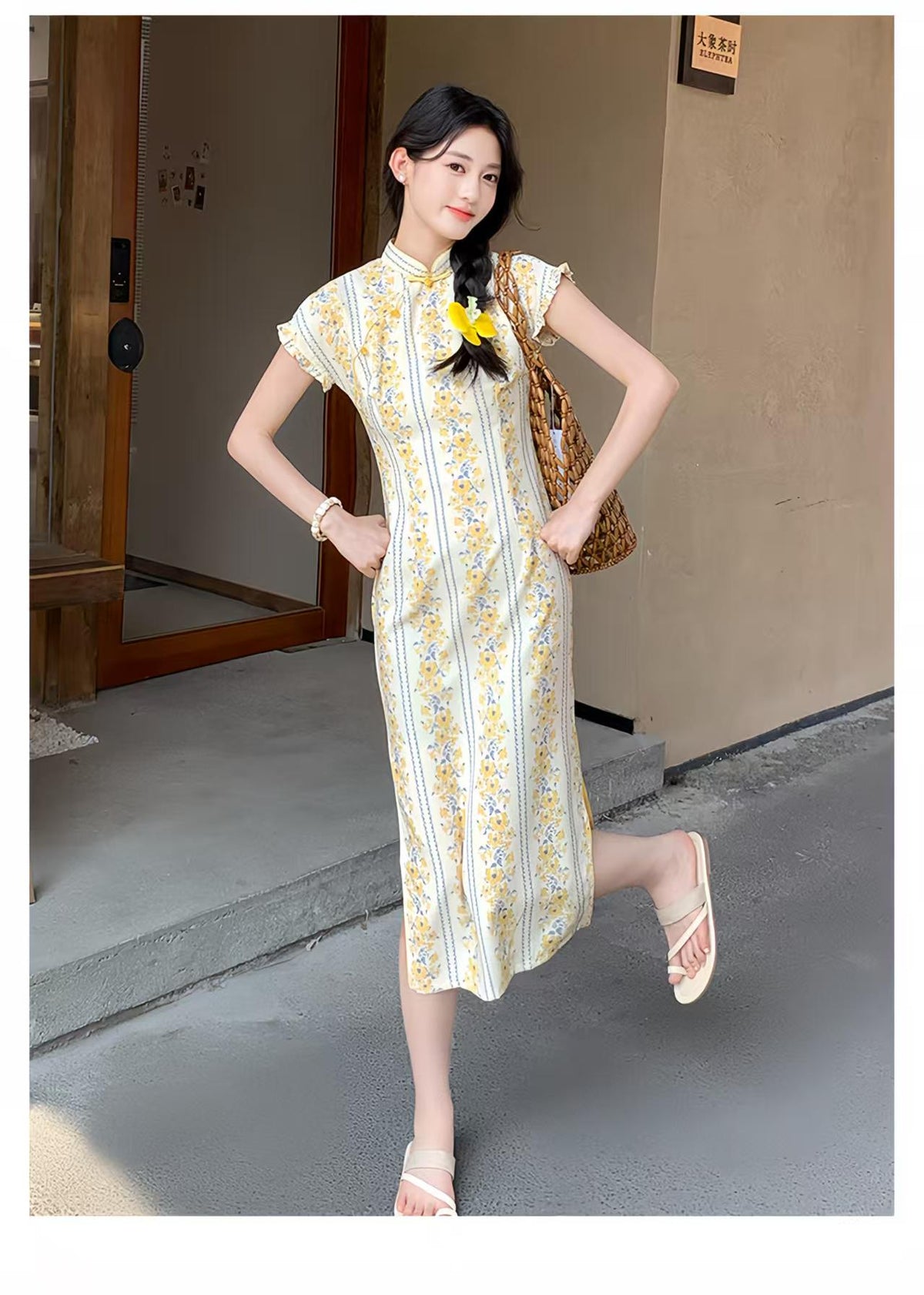 Women's Floral Qipao Cheongsam Dress – Beige Linen Bamboo – additional product view