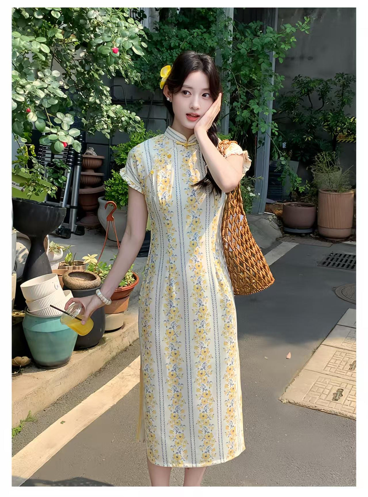 Women's Floral Qipao Cheongsam Dress – Beige Linen Bamboo – additional product view