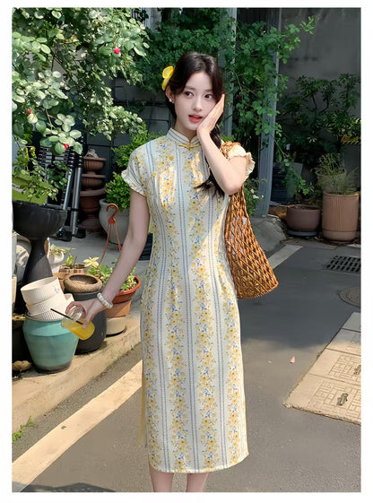 Women's Floral Qipao Cheongsam Dress – Beige Linen Bamboo – additional product view