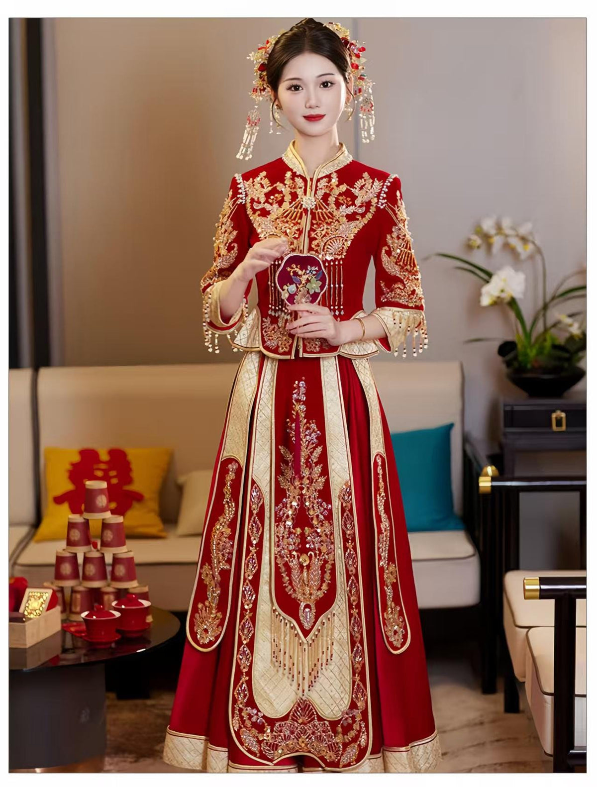 Women's Red Embroidered Qipao Cheongsam Dress – Dragon – additional product view
