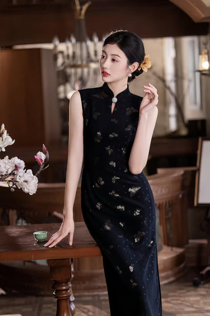 Women's Black Vintage Qipao Cheongsam Dress – Printed Midi Fitted – additional product view