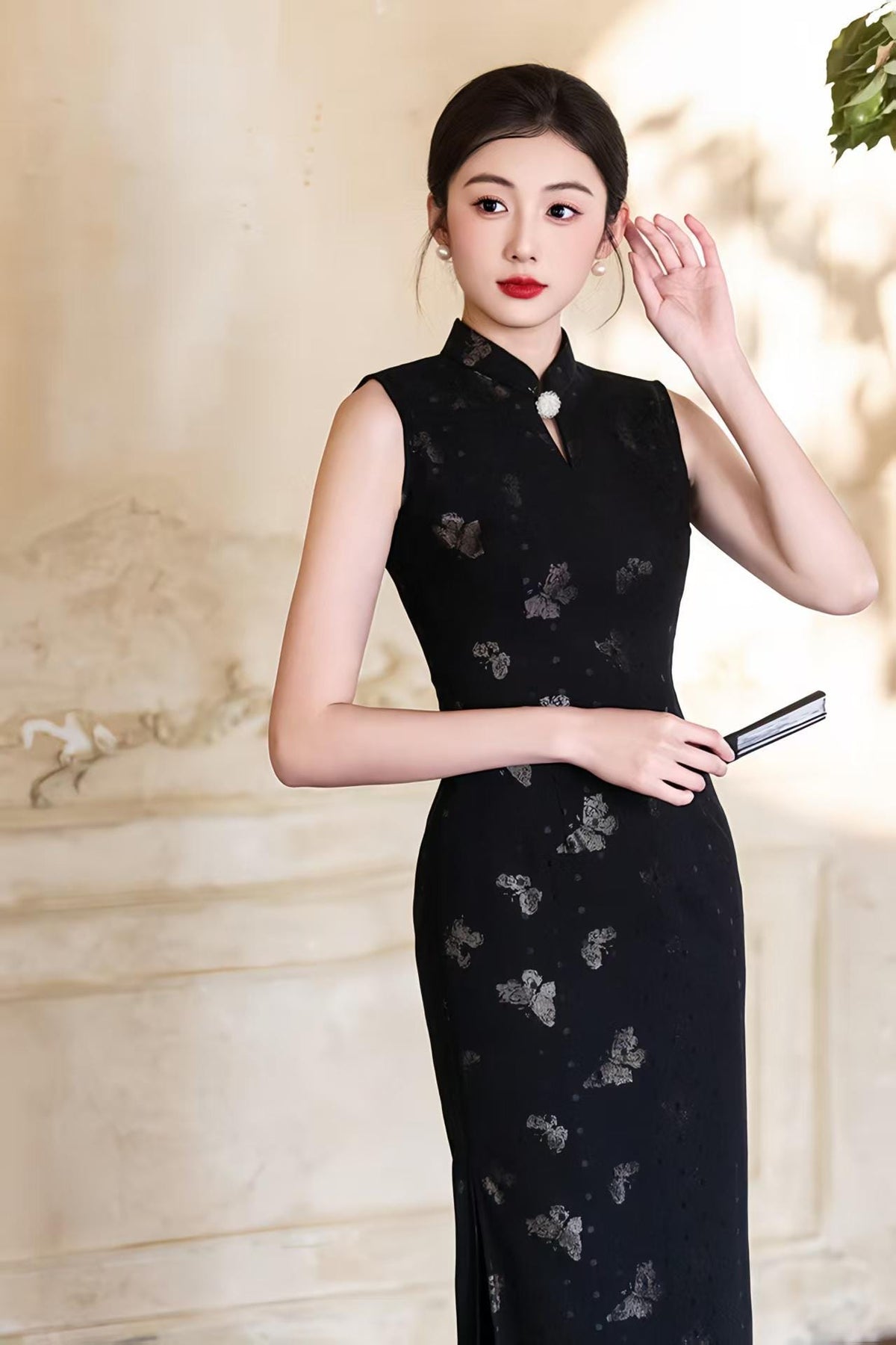 Women's Black Vintage Qipao Cheongsam Dress – Printed Midi Fitted – additional product view