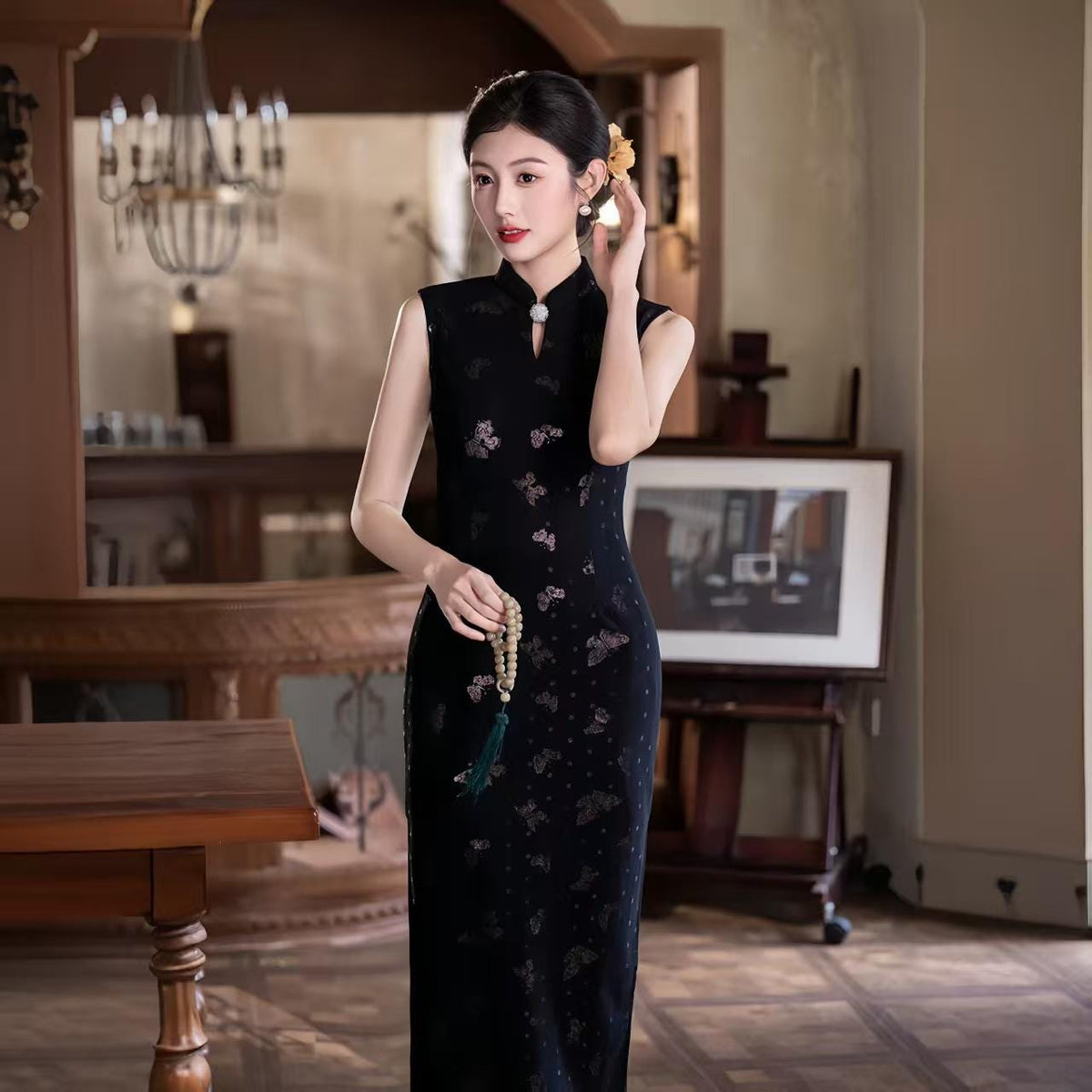 Women's Black Vintage Qipao Cheongsam Dress – Printed Midi Fitted – additional product view
