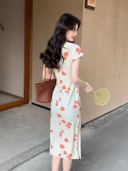 Women's Floral Qipao Cheongsam Dress – Orange Linen – additional product view