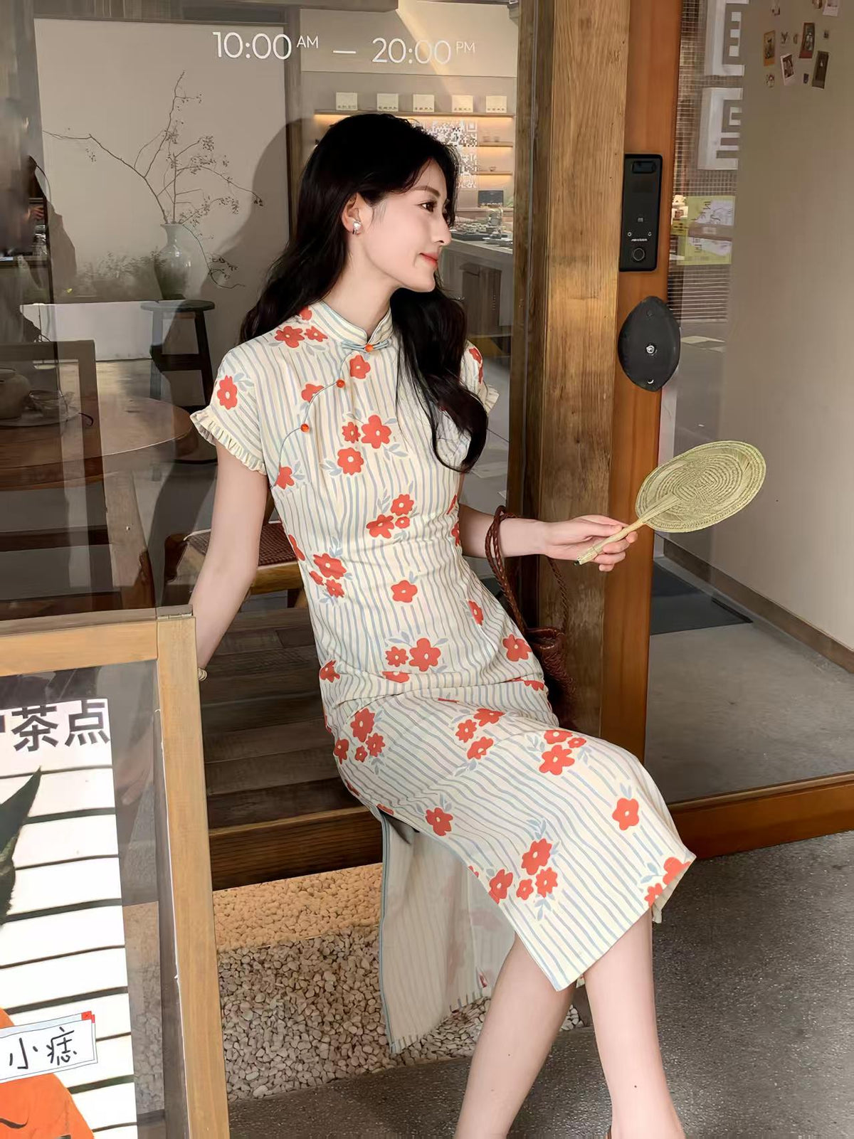 Women's Floral Qipao Cheongsam Dress – Orange Linen – additional product view