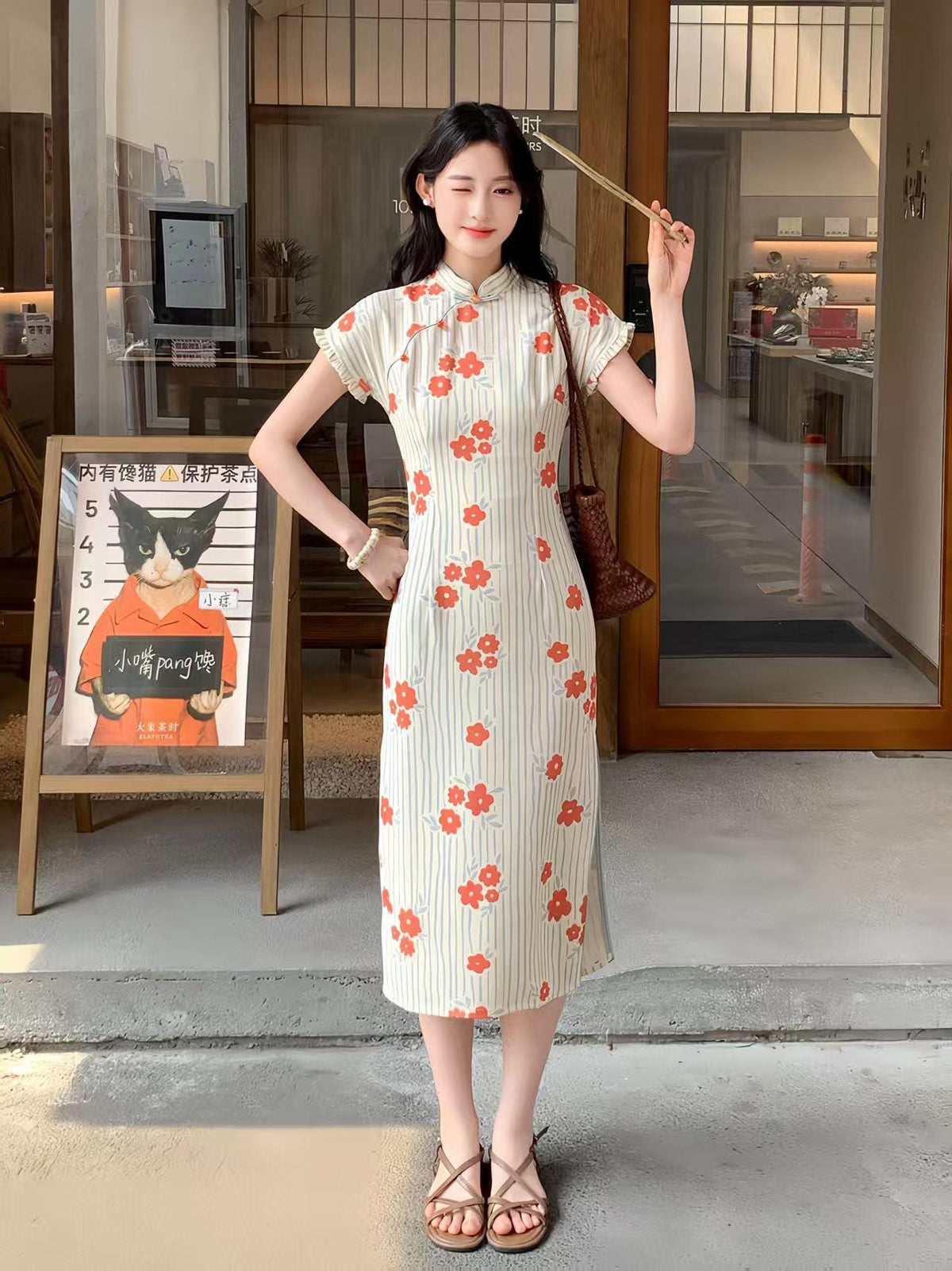Women's Floral Qipao Cheongsam Dress – Orange Linen – additional product view