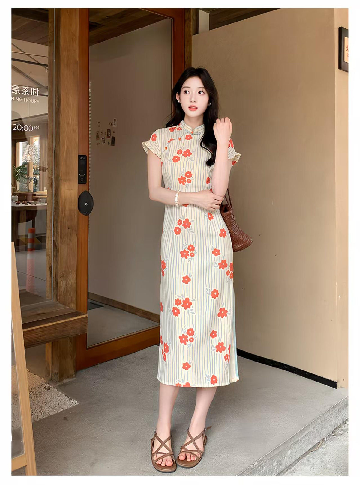 Women's Floral Qipao Cheongsam Dress – Orange Linen – additional product view