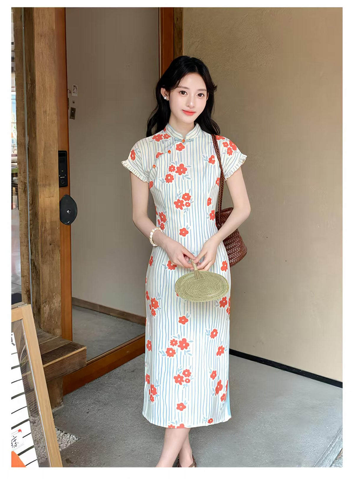 Women's Floral Qipao Cheongsam Dress – Orange Linen – additional product view