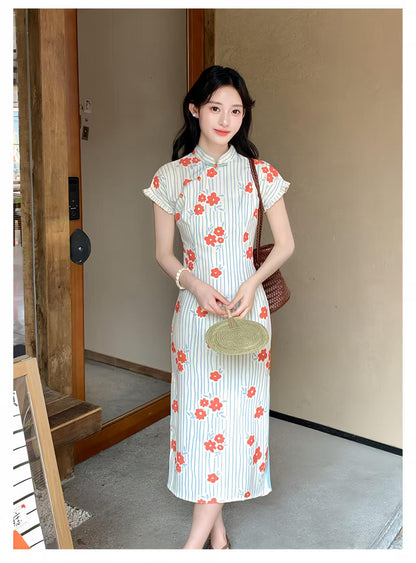 Women's Floral Qipao Cheongsam Dress – Orange Linen – additional product view